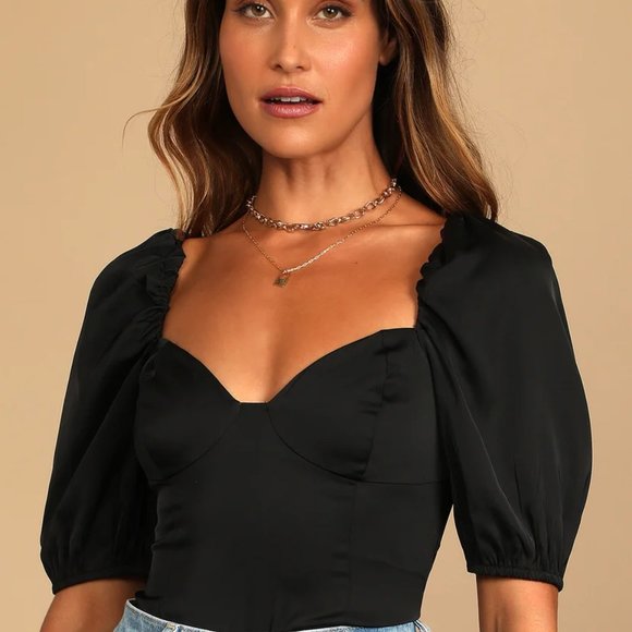 Lulu's Sweet Personality Black Puff Sleeve Bodysuit - Picture 1 of 4